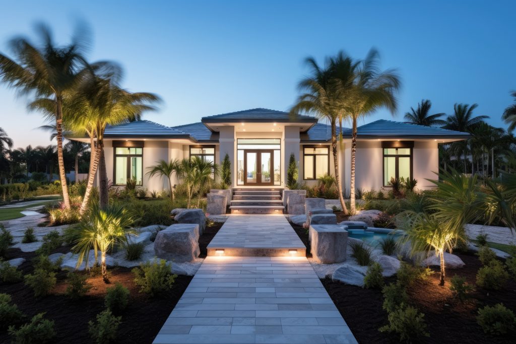Landscape with florida home and palm trees